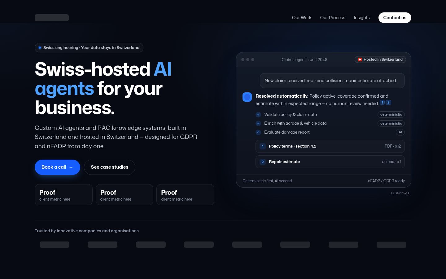 Dark hero section with an AI agent card and logo row, client name and logos removed