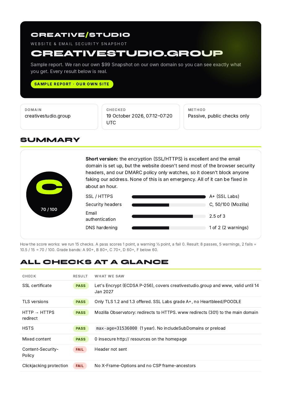 First page of the Creative Studio security snapshot report